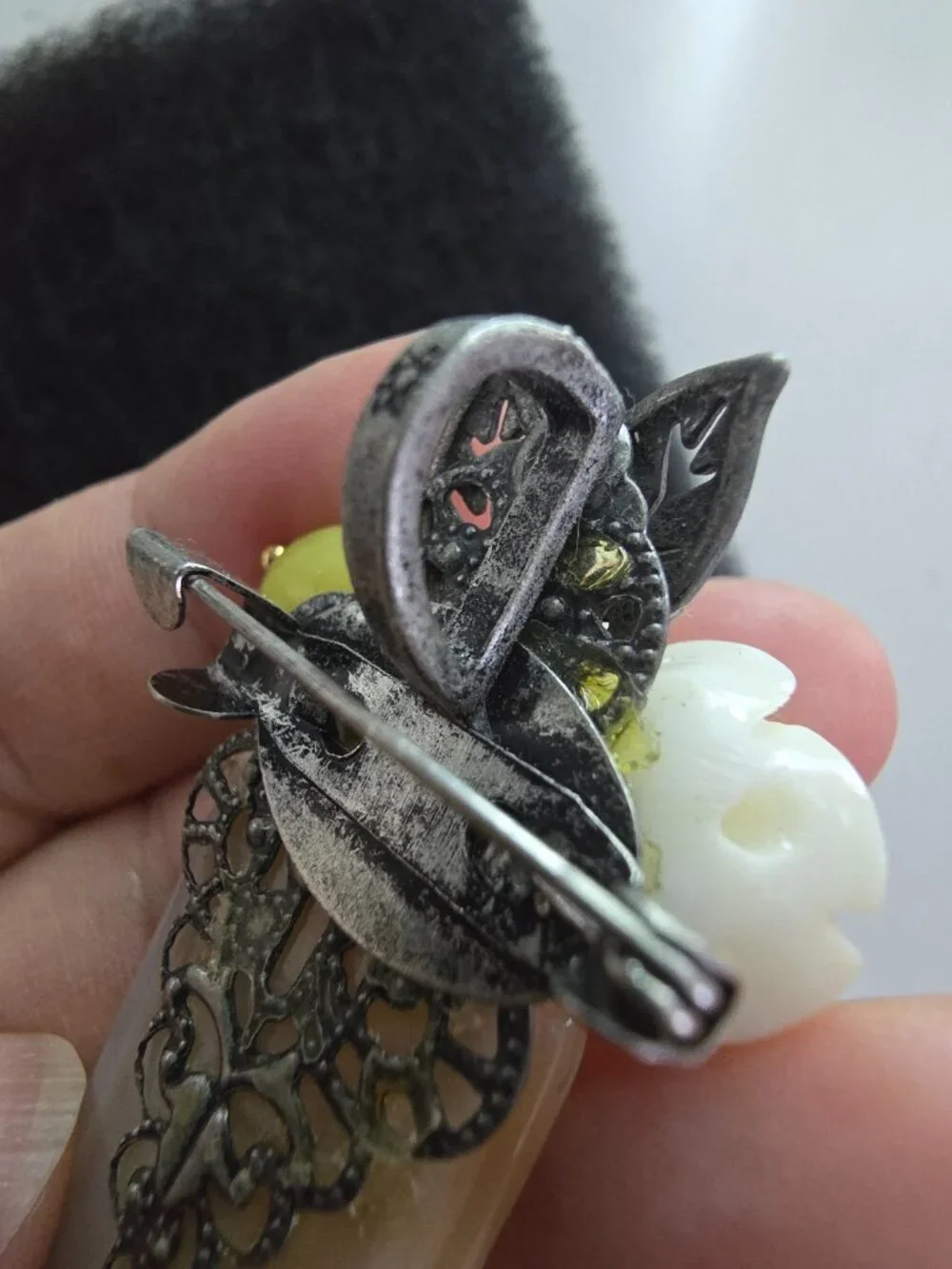 Vintage Mother of Pearl Carved Rose Flower Brooch Pendant Antique Silver Tone